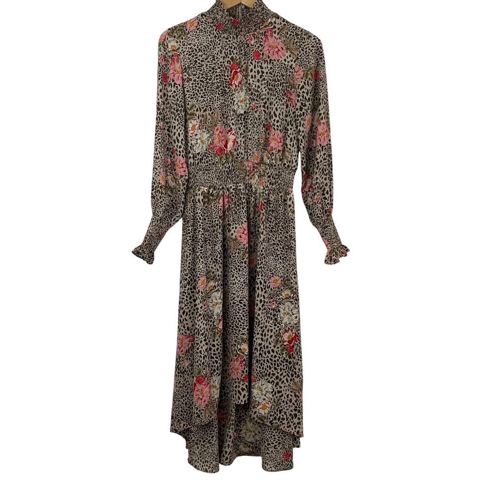 Nanette Lepore Leopard Floral Smocked Midi Hi Lo Dress Pink Brown Size 8